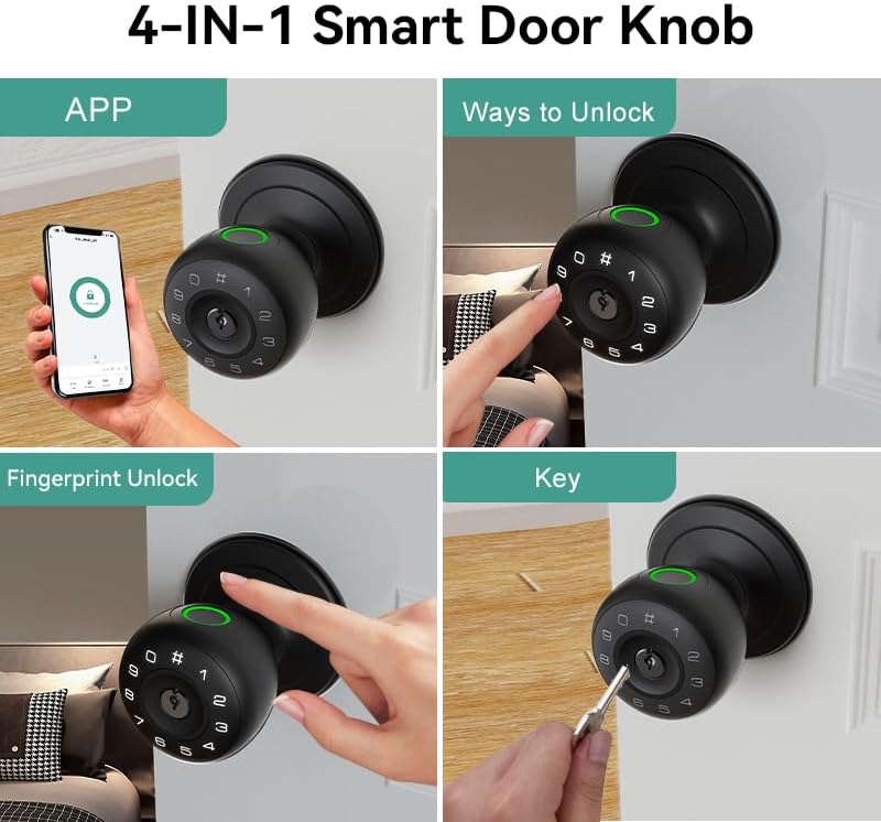 Fingerprint Door Lock,4 in 1 Smart Door Knob with Keypad Code,Biometric & App Control,Auto-Lock,Keyless Entry Door Locks for Bedroom,Home,Garage,Apartment,Office,Warehouse