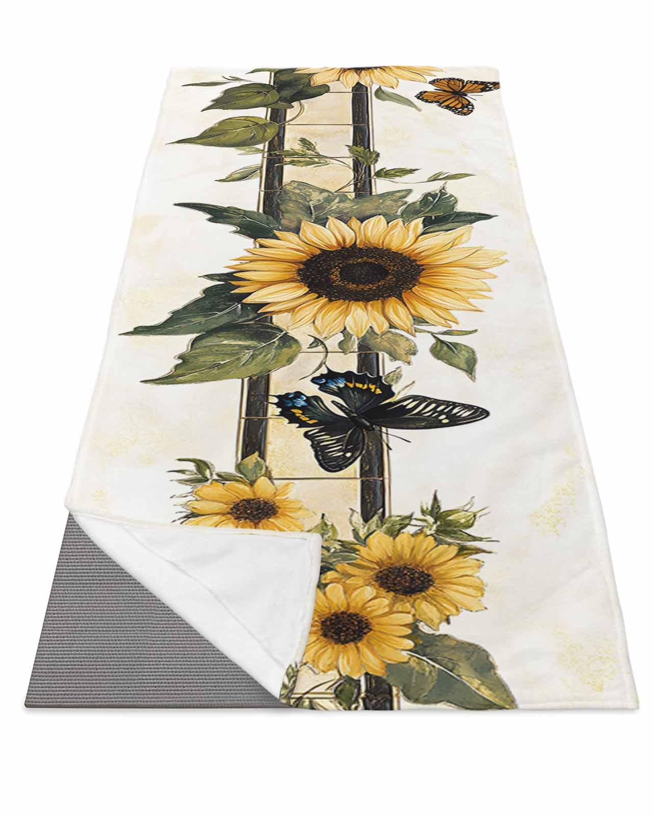 BOSIJOY Yoga Mat Towel,Pastoral Farm Sunflower Butterfly Non Slip Sweat Absorbent Hot Yoga Towels with Corner Pockets,Retro Floral Leaves Plant Soft Microfiber Towel for Pilates Bikram 74