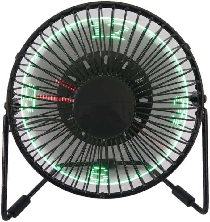 USB LED Clock Fan JUSTUP Mini Portable Desktop Fan With Real Time Display Personal Table Fan 360°Rotation Mini Cooling Fan Durable for Home and Office (Metal Design Low Noise 5 Inch, Black) (S)
