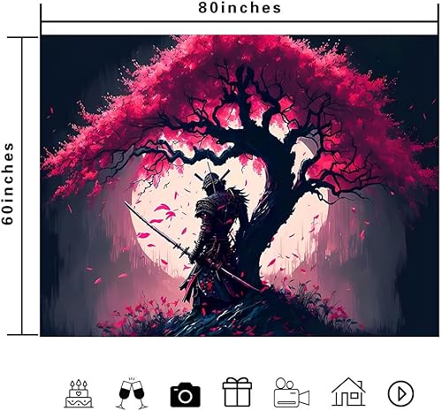 Miniatura 5 de Ine Ive Tapiz samurái japonés para dormitorio, estética de luna llena, cerezo, árbol, guerrero, asiático oriental, tapiz de pared, 80 x 60 pulgadas,