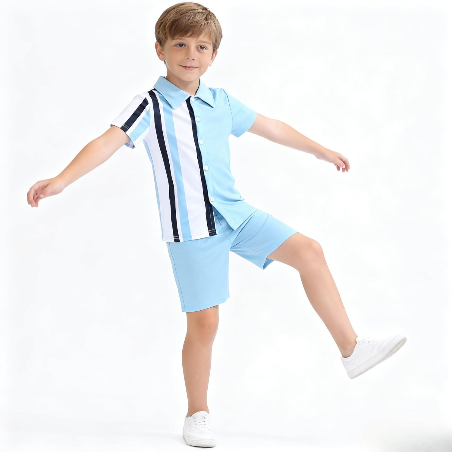 Tween Boys 6-13 Years Outfit Sets - Short Sleeve Striped Top & Solid Shorts Casual Trendy Coordinated Clothes Set - Image 3