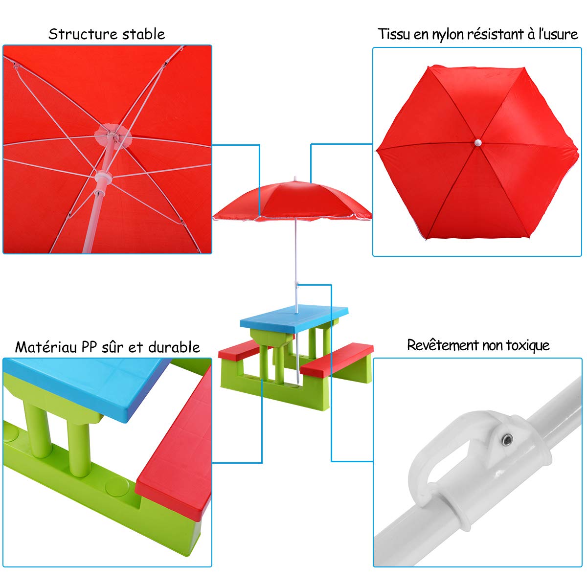 COSTWAY Table de Pique-Nique Enfants avec Parasol Amovible, Salon de Jardin Enfants avec 1 Table et 2 Bancs Colorées, Cadre Solide pour Jardin Terrasse Patio, 107 x 107 x 137 CM