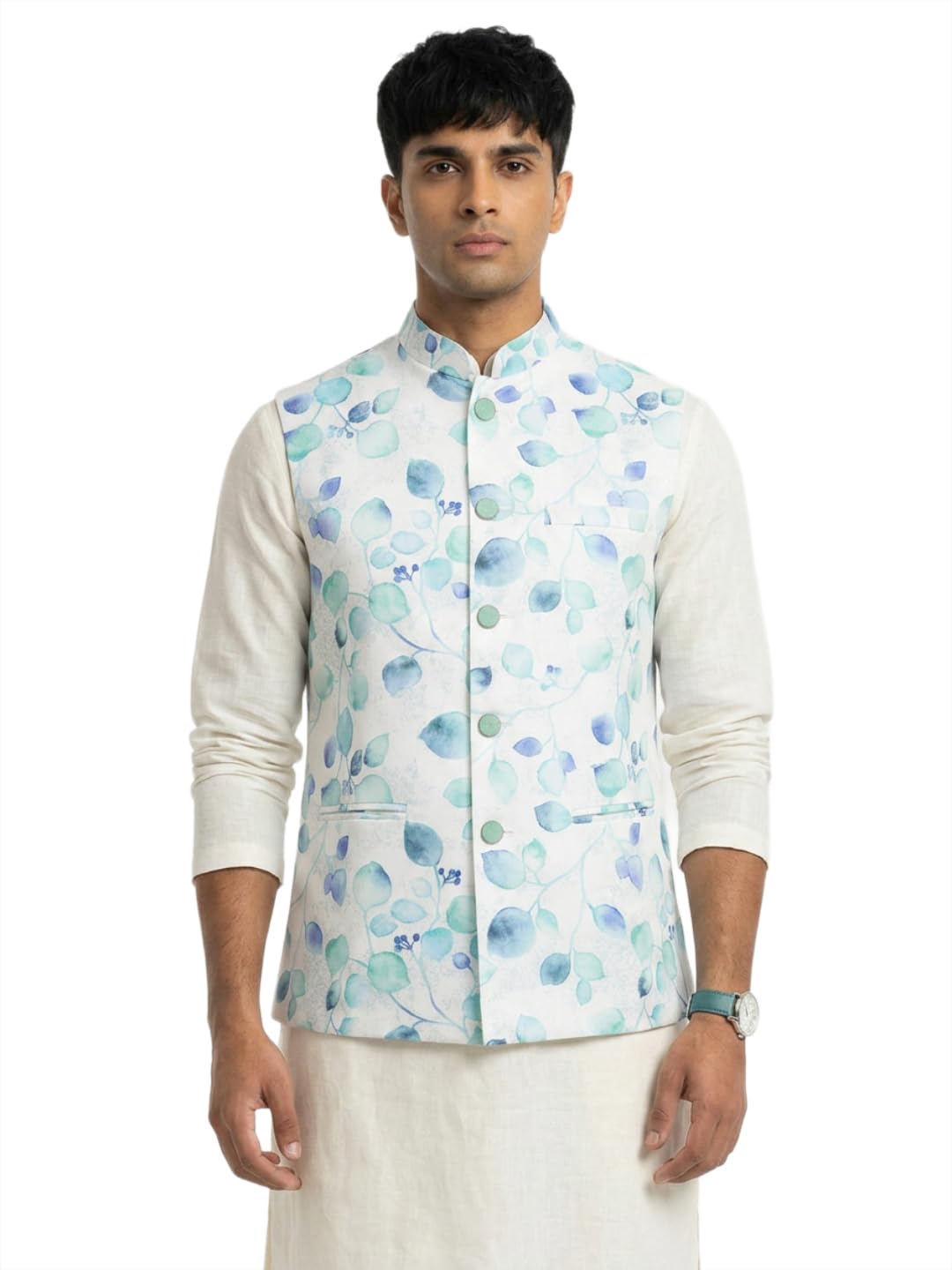 sanman ethnix by raymond Men Regular Fit Jacquard, Digital Print Pattern Pure Polyester Mandarin Collar Sleeveless Festive Bundi-picture-20