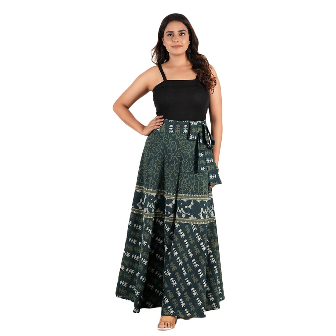 Batik Print Wrap Maxi Skirt, Green and White Pattern, Traditional Design with Tie Belt-image-6
