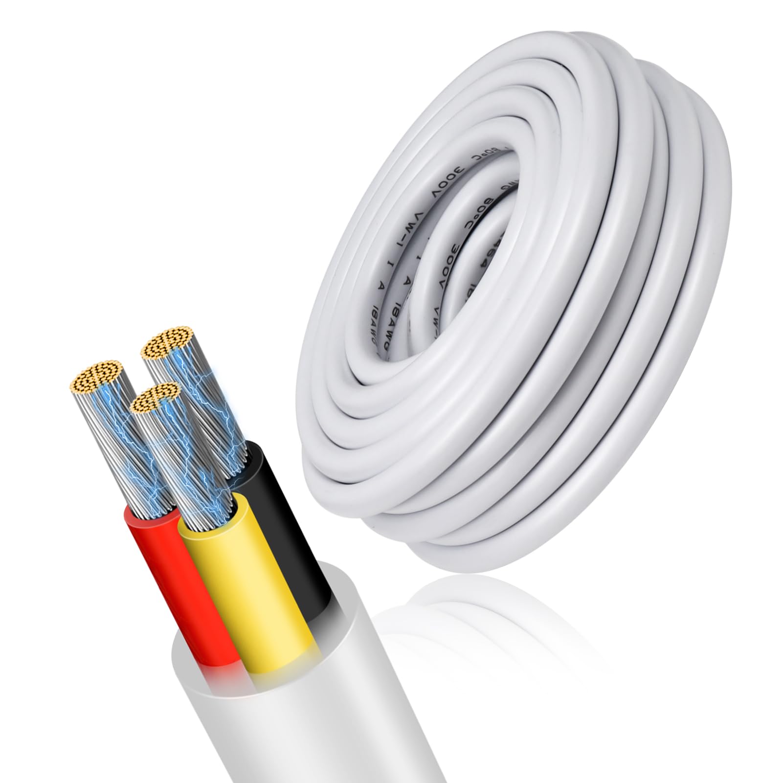 18 Gauge 3 Conductor Electrical Wire, 16.4FT Low Voltage 18/3 Tinned Copper Stranded 3 Wire Cable, 18 AWG White Flexible Extension Cord for Automotive
