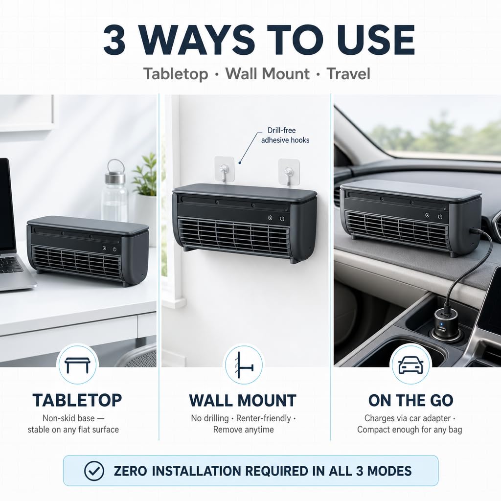 Condizionatore d'aria portatile da parete, senza fori, unità di raffreddamento per camera da letto, cucina, ufficio, batteria di ricarica wireless AC per campeggio e roulotte