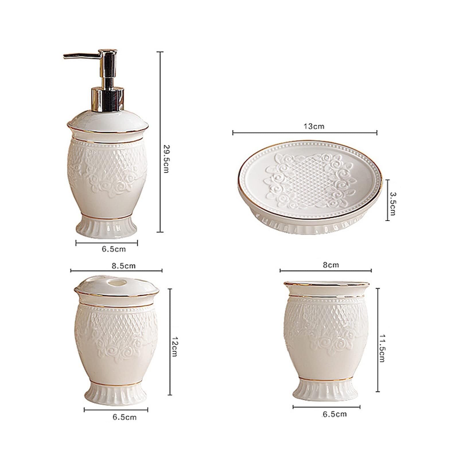 Set di accessori per il bagno 5 pezzi in ceramica includono dispenser for lozione, porta spazzolino da denti e 2 bicchieri sapone Arredamento per gli affittuari