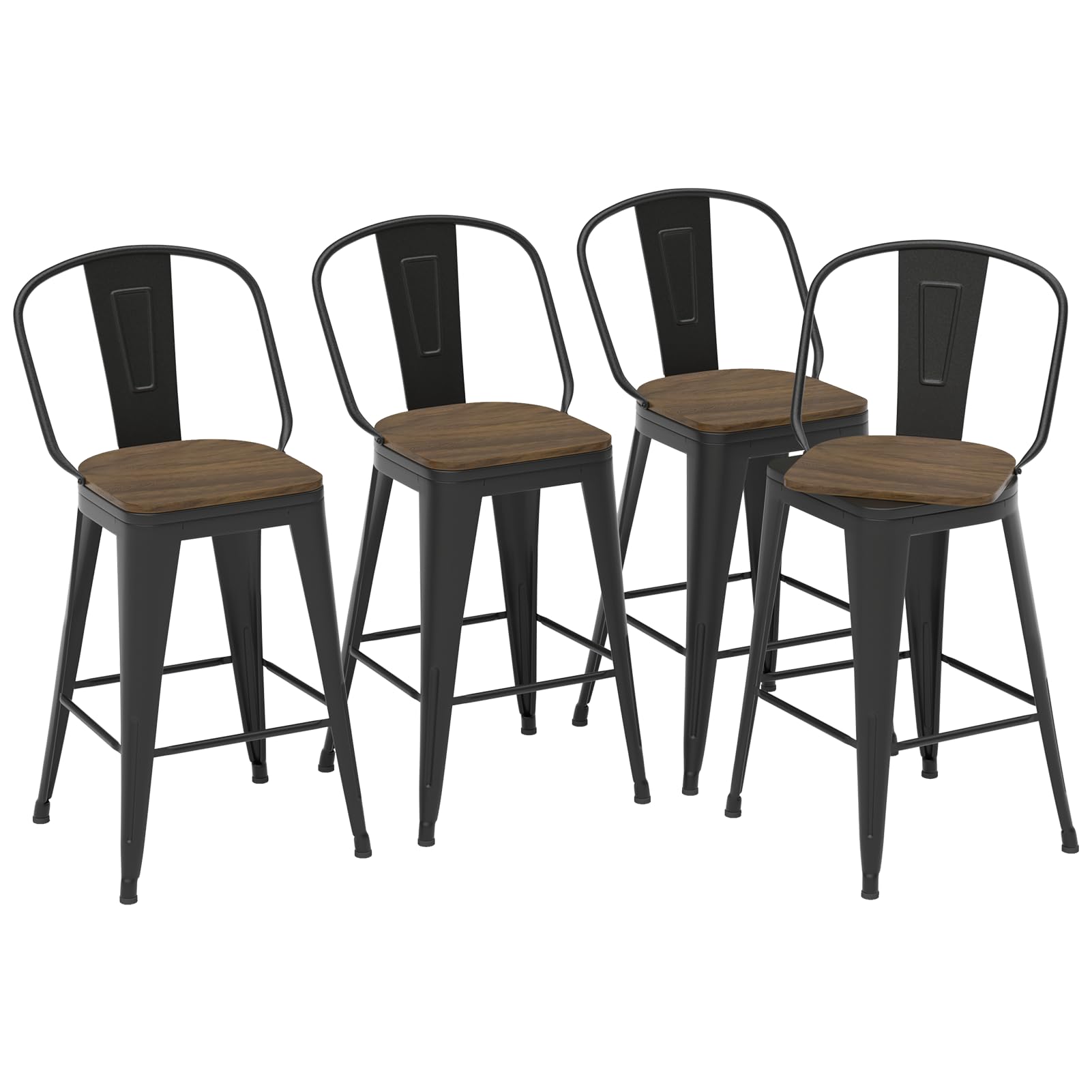 24” Swivel Bar Stools Set of 4, Counter Height Bar Stools Wooden Seat, Metal Industrial Bar Chairs with High Back for Kitchen Island (Black)