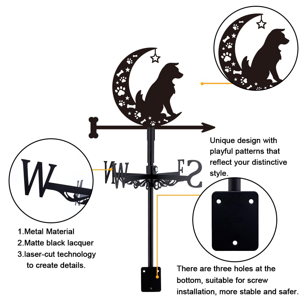 SUPERDANT Dog and Moon Weather Vane Stars Metal Weathervane Animal Weathercock Black Decorative Wind Direction Vanes Signs for Farmhouse Outdoor Garden Lawn Roof Decor - Image 3