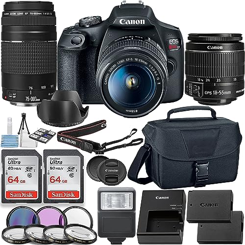 Canon EOS Rebel T7 / EOS 2000D DSLR Camera with EF-S 18-55mm f/3.5-5.6 is II Lens + Canon EF 75-300mm f/4-5.6 III Lens + 2pc 64GB Memory Cards + Filters + Case & More (Renewed)