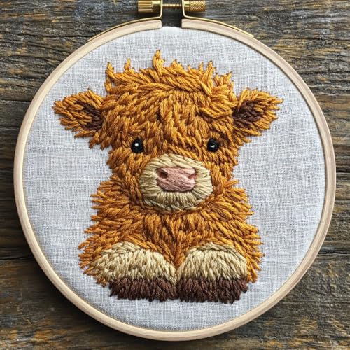 DIY Punch Needle Kits for Beginners Cute Highland Cow Under Sunset with Hoop Embroidery Punch Needle Starter Set Easy for Adults and Kids Festival Gift and Decor 20x20cm-2