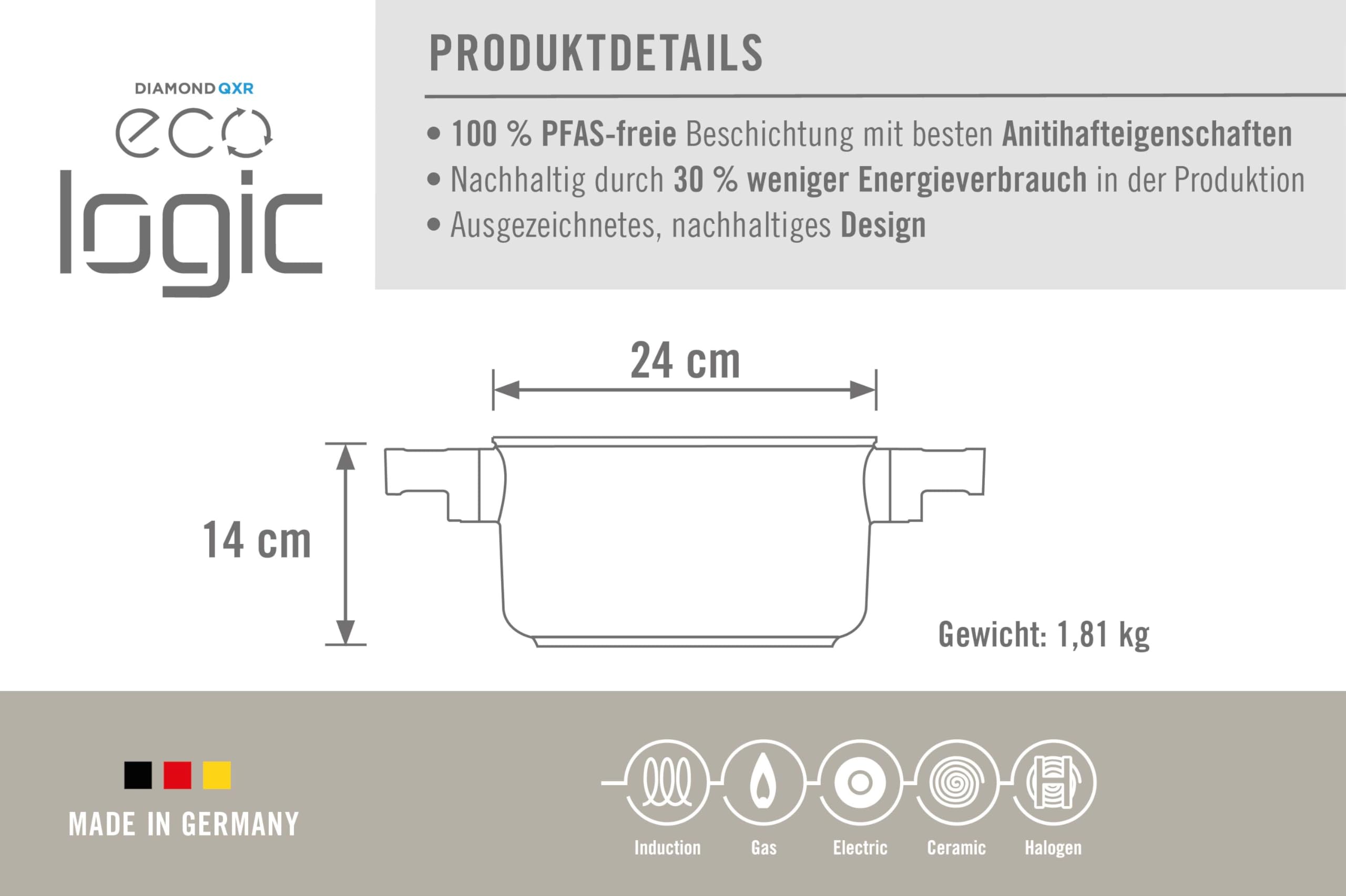 Woll Eco Logic QXR - Olla de 24 cm de diámetro, 14 cm de alto, 4,5 litros, con 2 asas laterales de madera, apta para todo tipo de cocinas, sin PFAS, revestimiento antiadherente, aluminio fundido, apto