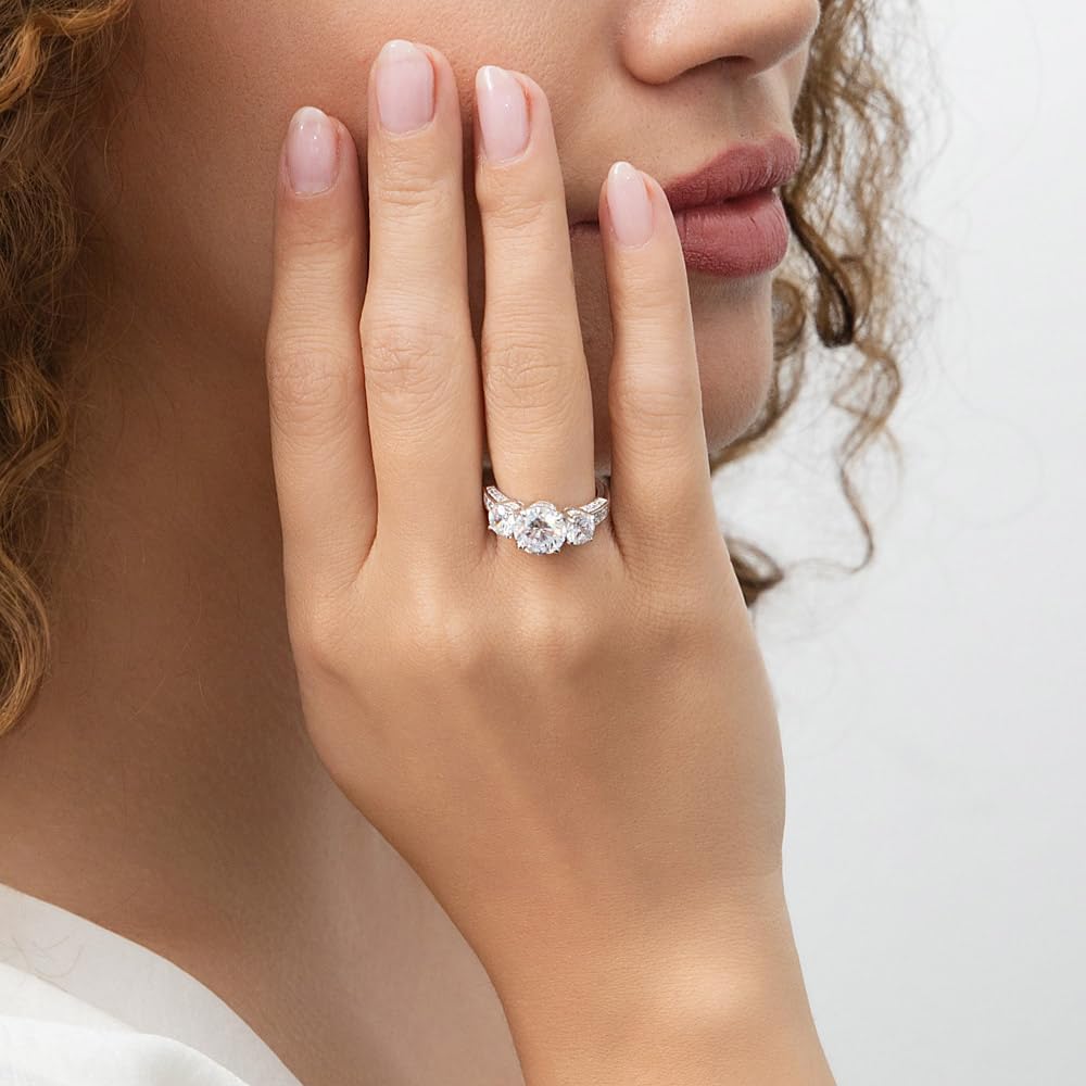 BERRICLE Sterling Silver 3-Stone Wedding Engagement Rings Stackable Band Ring Set for Women, Cubic Zirconia CZ - Asscher, Cushion, Oval, Princess, Round Cut