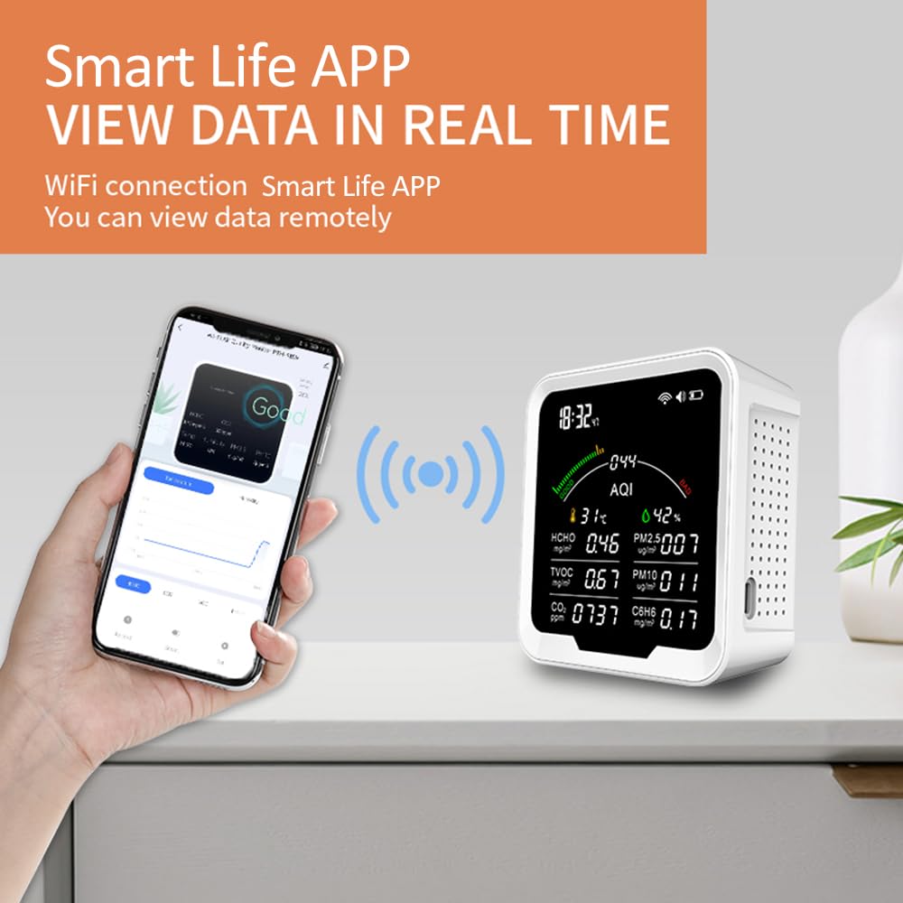Irfora Misuratore di qualità dell'aria portatile HCHO/TVOC/CO2/PM2,5/PM10/AQI/C6H6, tester di temperatura e di influenza dell'aria da 4,8 pollici, rilevatore di anidride carbonica a grande schermo con