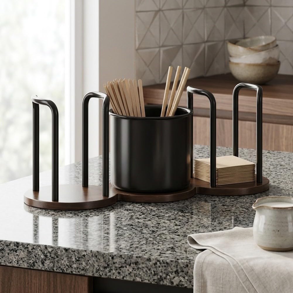 QOXEZY Arbeitsplatten-Becherhalter, 3-in-1-Multifunktions-Aufbewahrung für Pappbecher, Strohhalme und Kaffeezubehör, stabiler Karbonstahl für Küchentheke, Kaffeebar, Büro-Pausenraum(6)