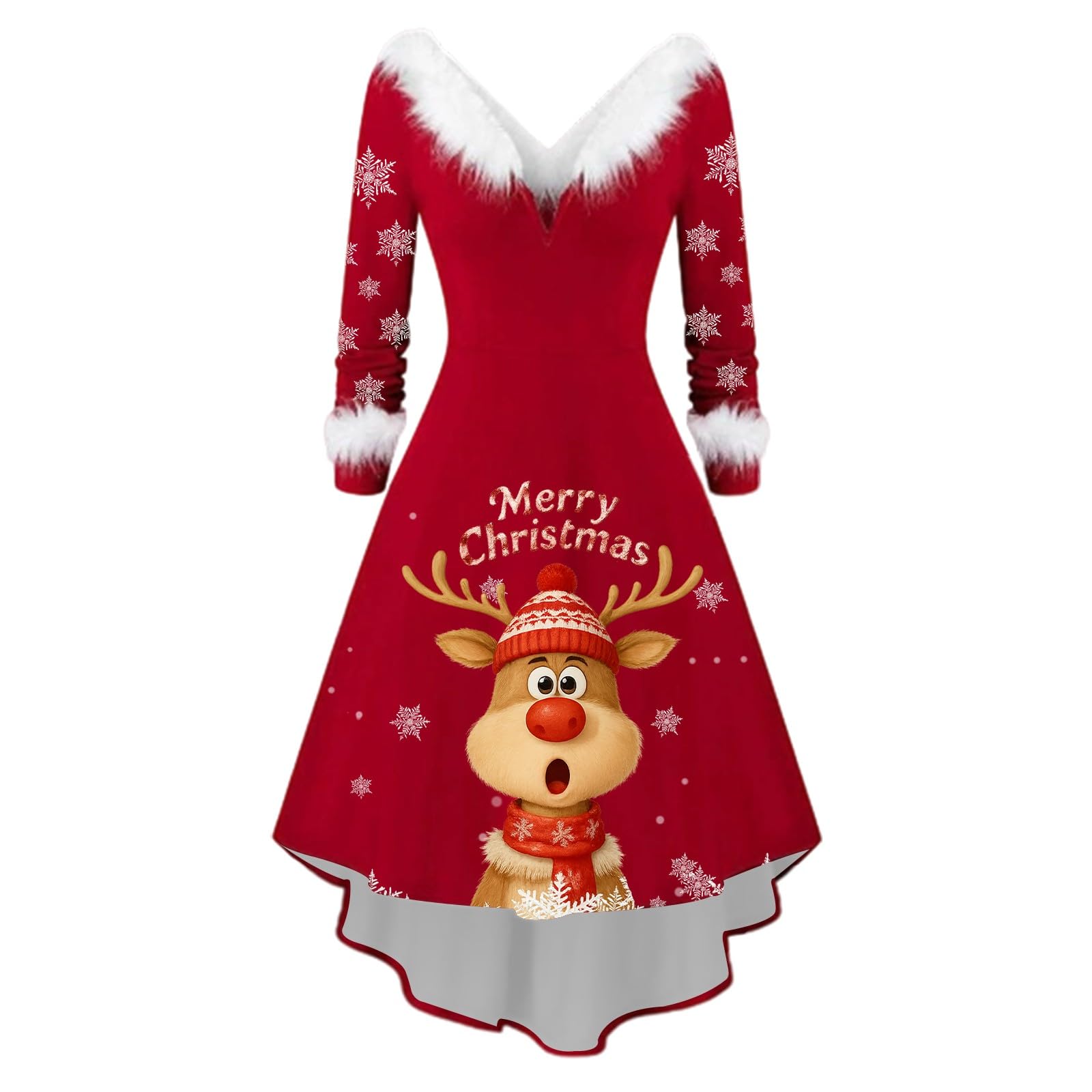 Vestito Natalizio-Vestito Donna Natalizio-Elegante Abito Asimmetrico con Colletto A Maniche Lunghe E Stampa di Cervi per l'Abbigliamento Casual Quotidiano E