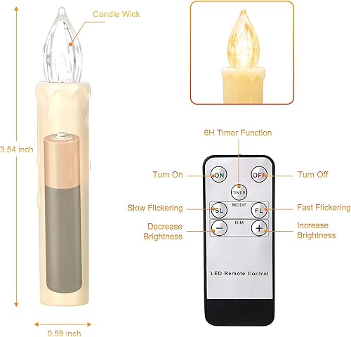 Miniatura 6 de Vela parpadeante sin llama para ventana, luces LED para árbol de Navidad, color blanco cálido, funciona con pilas, velas cónicas eléctricas con