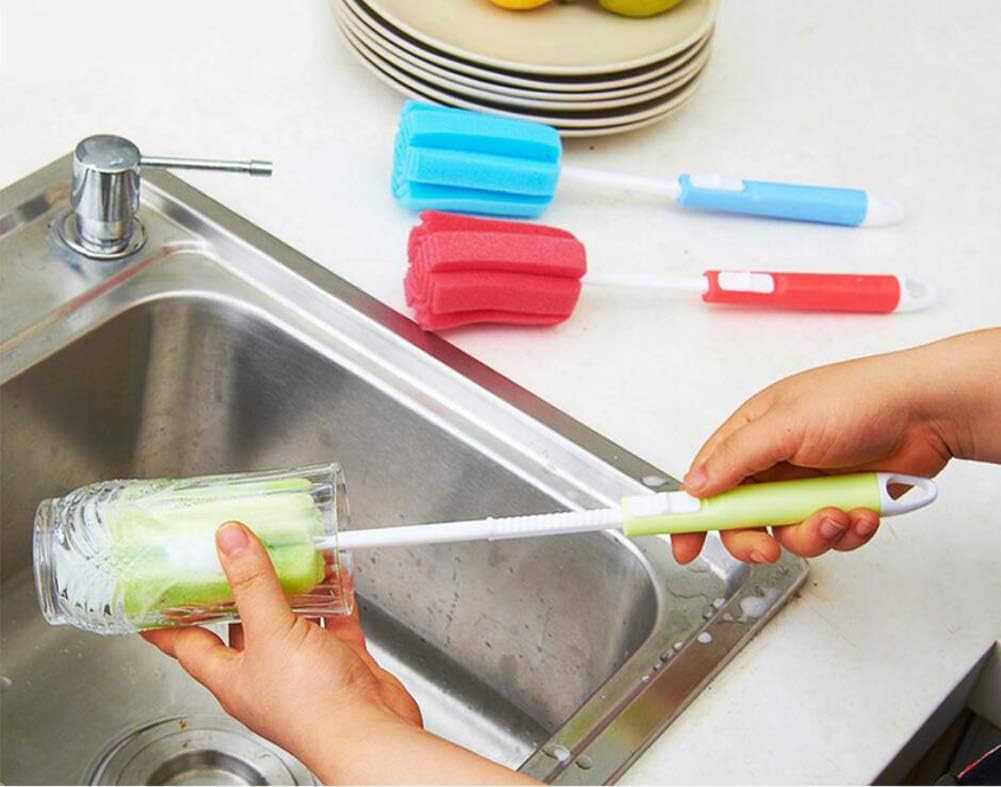 3PCS Sponge Cleaning Brush - Adjustable Plastic Long Handle Cup Feeding Bottle Scrubber Cleaning Brushes With Soft Foam Sponge for Coffee Glasses Pot Milk Cup Winebottle Baby Bottles Color Random