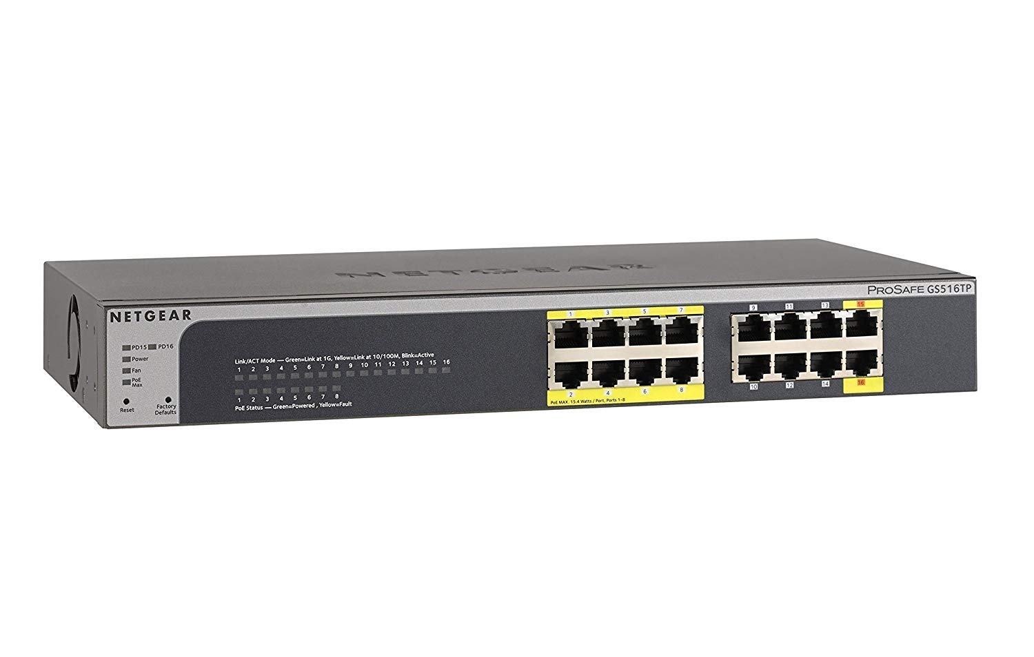 NETGEAR 16-Port Gigabit Ethernet Smart Managed Pro PoE Switch (GS516TP) - with 8 x PoE @ 76W and 2xPD ports, Desktop/Rackmount, and ProSAFE Lifetime Protection