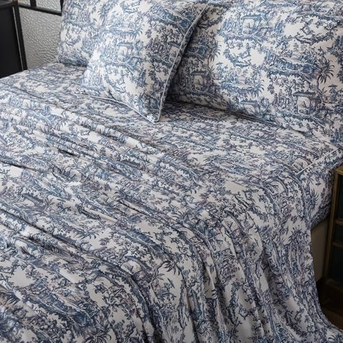 Image of FADFAY Blue Toile Sheets Set Cal King French Country Vintage Farmhouse Bedding Exotic Scenic Floral Bedding 100% Egyptian Cotton Soft Sheet Set with Deep Pocket Fitted Sheet 4Pc, California King Size