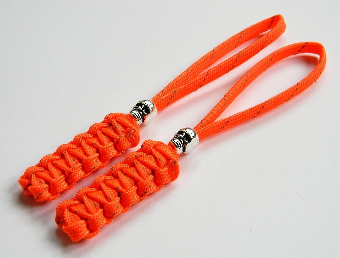 2 Reflective Orange Paracord Zipper Pulls or Knife Lanyards With Skull Alloy Bead