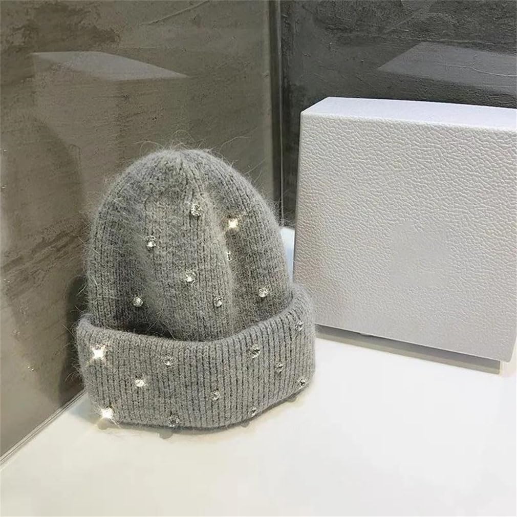 Rhinestone Knitted Hat Women Wool Thickened Warm Beanies