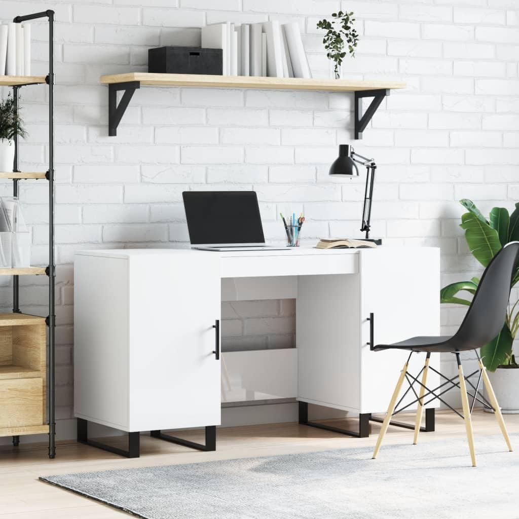 Vidaxl White Engineered Wood Desk In High Gloss With Storage Compartments And Iron Feet - Elegant Study Table For Dorm, Bedroom And Home Office Small