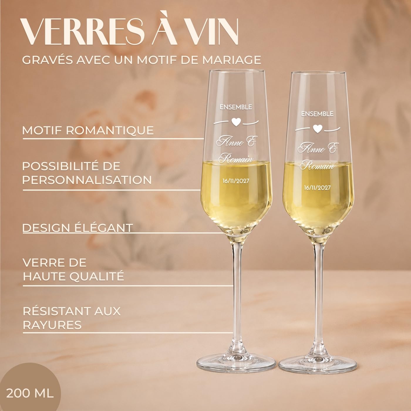 Maverton Flûtes à Champagne 200ml avec Boite Personnalisable – 2x Flute Champagne Verre Personnalisé avec Coffret en bois - Cadeau Couple Personnalisé - Cadeau Mariage Original - style bohème