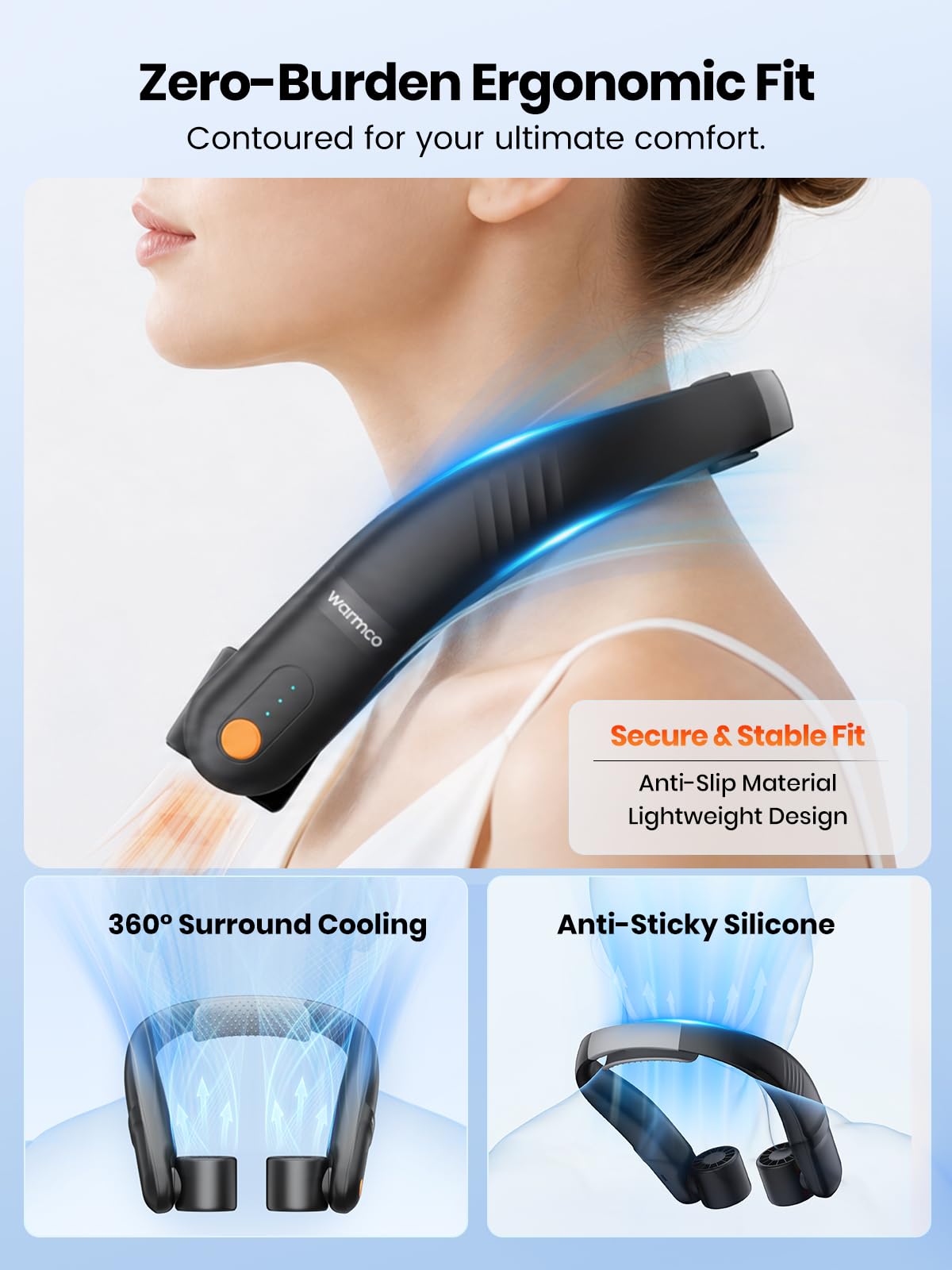 Warmco Ventilateur de cou portable, 5200 mAh, rechargeable, ventilateur mains libres avec flux d'air puissant, 3 vitesses, ventilateur de refroidissement à double tête pour voyage, extérieur, camping