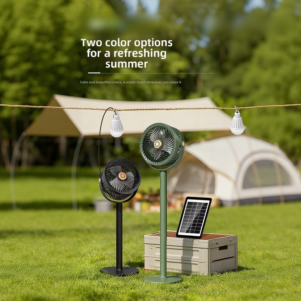 EasyByMall Ventilatore solare portatile da terra con regolazione verticale a 360°, ventilatore da pavimento a batteria ricaricabile a 5 velocità con luce LED per campeggio, casa, ufficio all'aperto