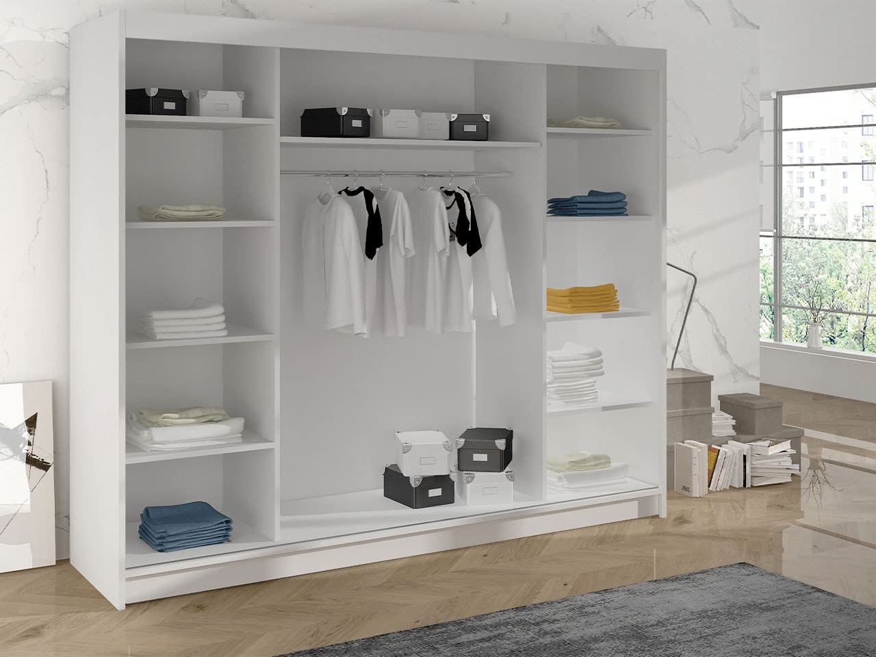 ML Furniture Astra Szafa z drzwiami przesuwnymi, czarno-biała, 200 cm, lustrzana, szafa do sypialni, z drążkiem na ubrania, zestaw mebli do sypialni, 200 x 215 x 58 cm