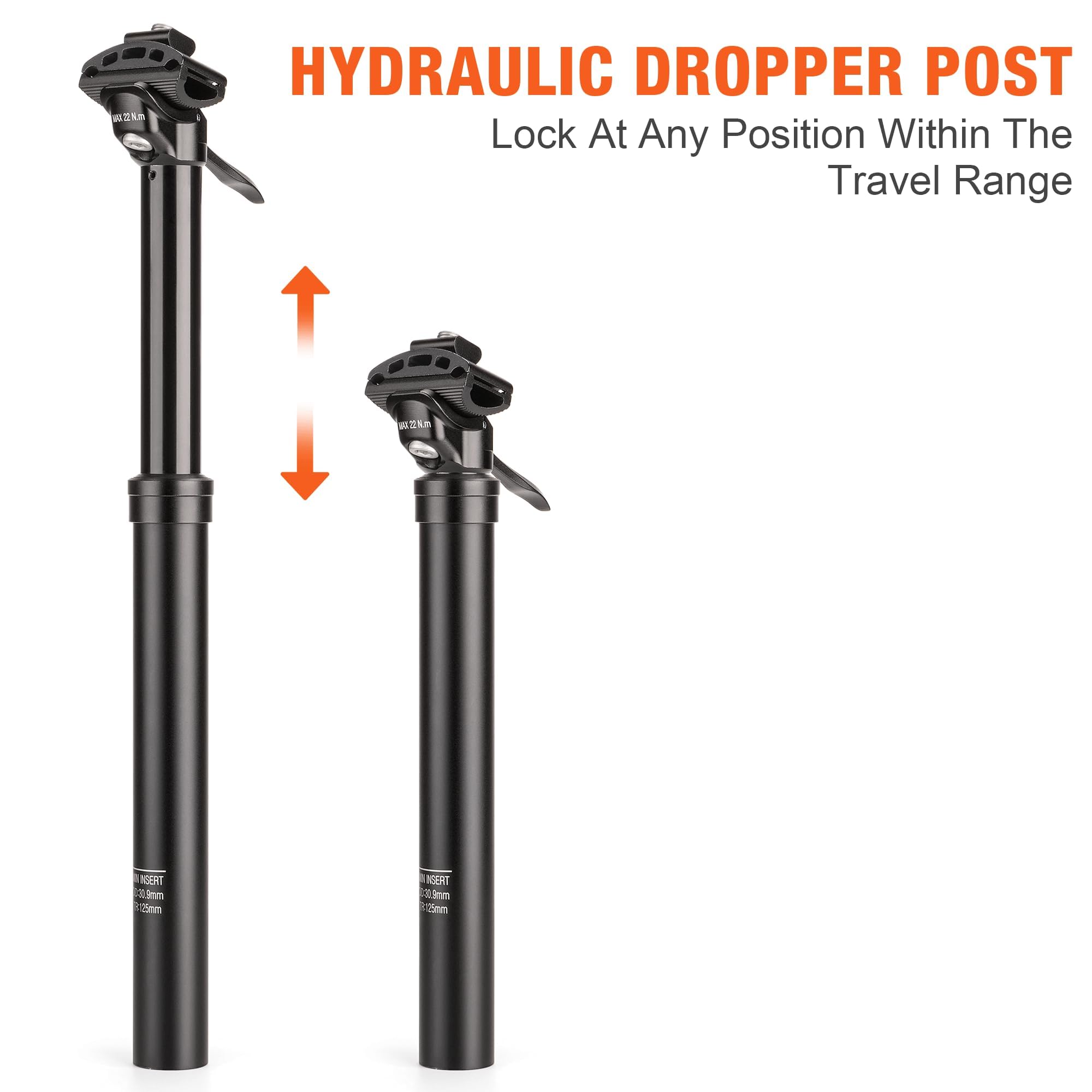 Dropper sztyca podsiodłowa 27,2 / 30,9 / 31,6 mm × 400 mm – skok 125 mm – lekka aluminiowa teleskopowa sztyca podsiodłowa z systemem kartridżowym i zaciskiem z jedną śrubą do rowerów MTB