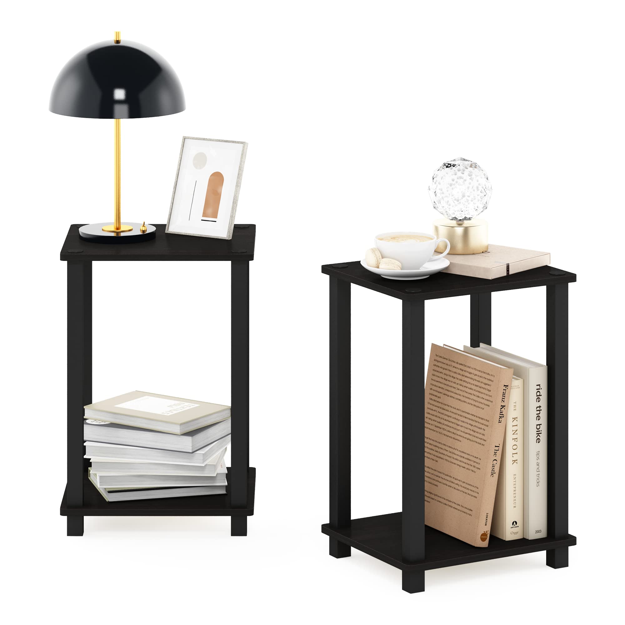 Furinno Simplistic Side Tables Set of 2, 2-Tier Small End Tables with Open Shelf, Easy Assembly Toolless Night Stands, Nightstand, for Living Room, Bedroom, Espresso
