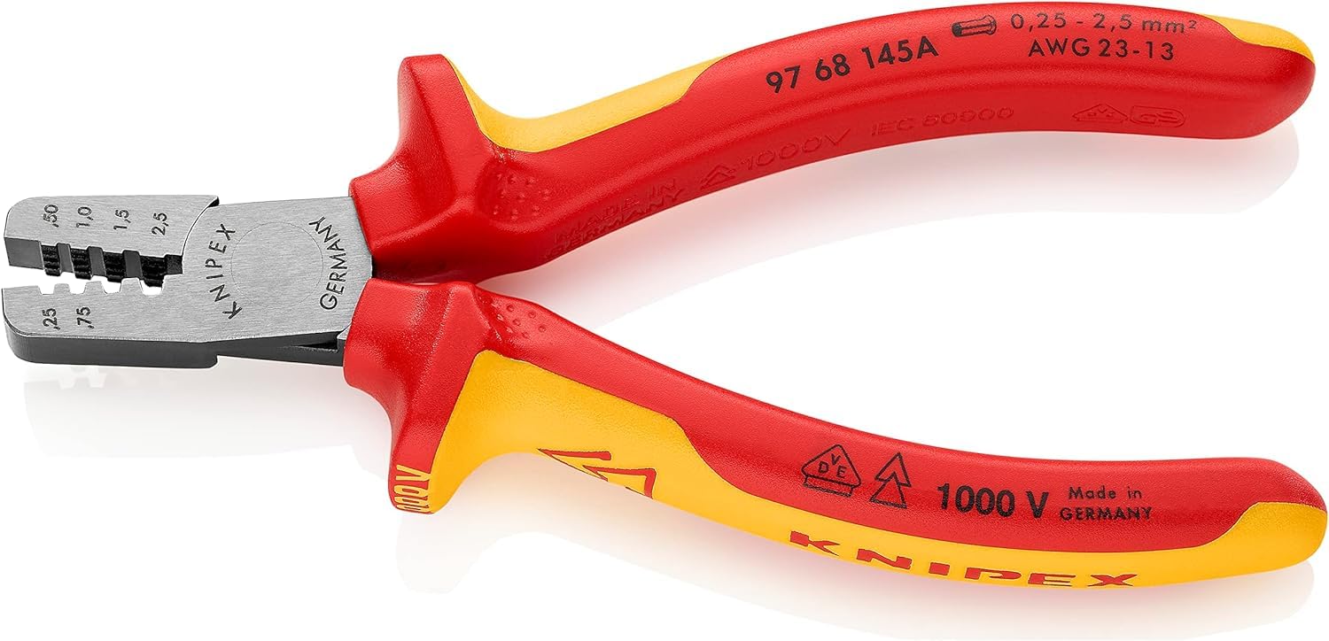KNIPEX Szczypce do zagniatania tulejek kablowych z wielokomponentowymi osłonkami, izolowane wg VDE 145 mm, 97 68 145 A
