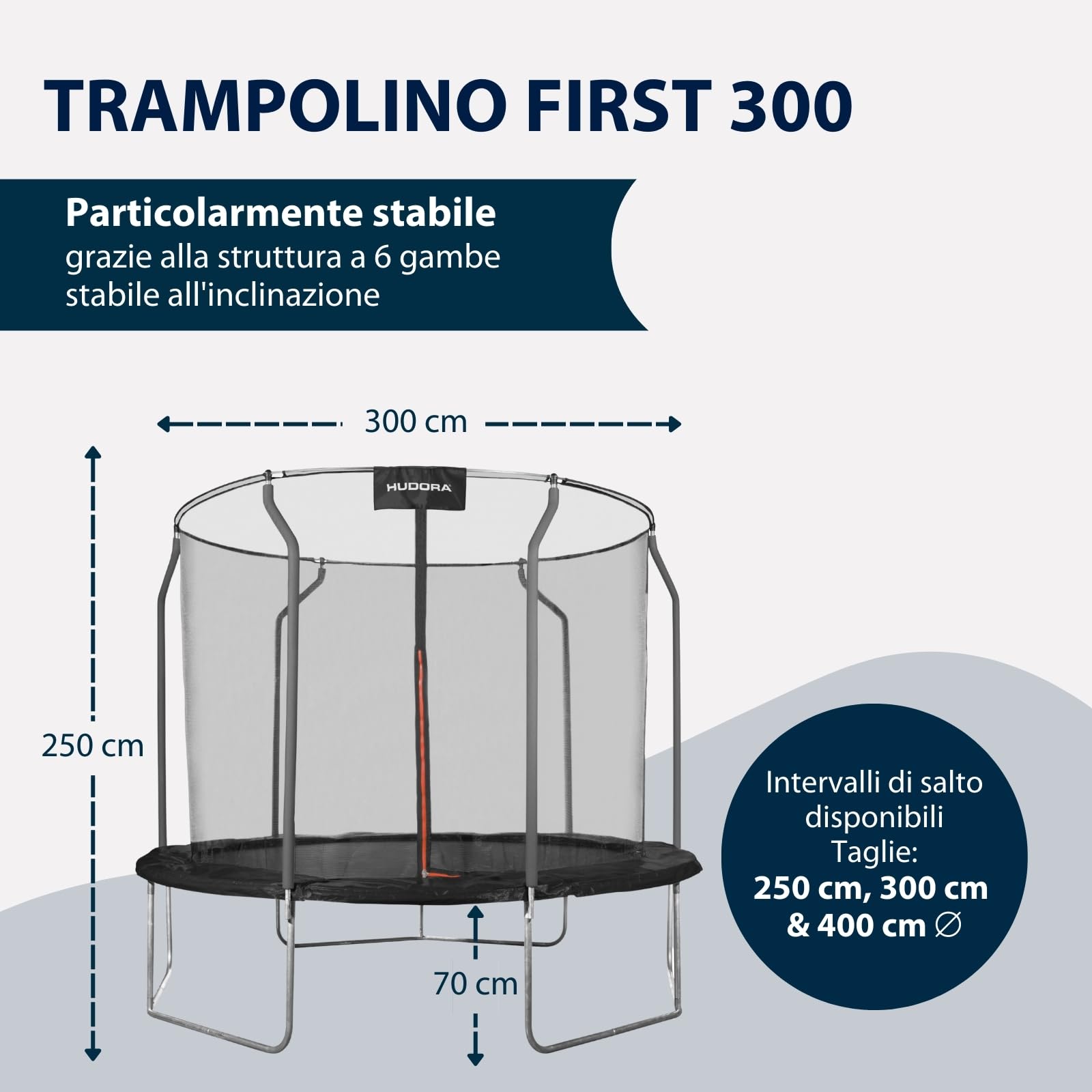 HUDORA Trampolino First 300V - trampolino da esterno con rivestimento dei bordi e rete di sicurezza - trampolino da giardino per bambini e adulti - trampolino di qualità