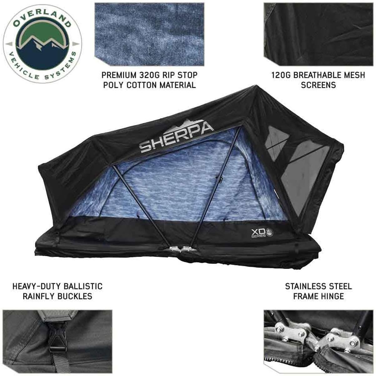 Overland Vehicle Systems XD Sherpa Soft Shell Aluminum Hard Shell Hybrid Roof Top Tent with Blackout Kit - Grey Body & Black Rainfly
