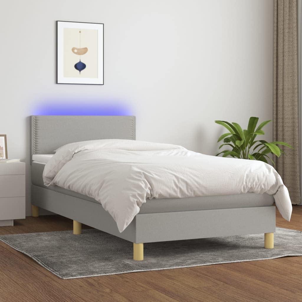 Cama con somier LED, 90 x 200 cm, tela gris claro, cabecero de altura ajustable, colchón de muelles ensacados para dormir, jóvenes, habitaciones de invitados