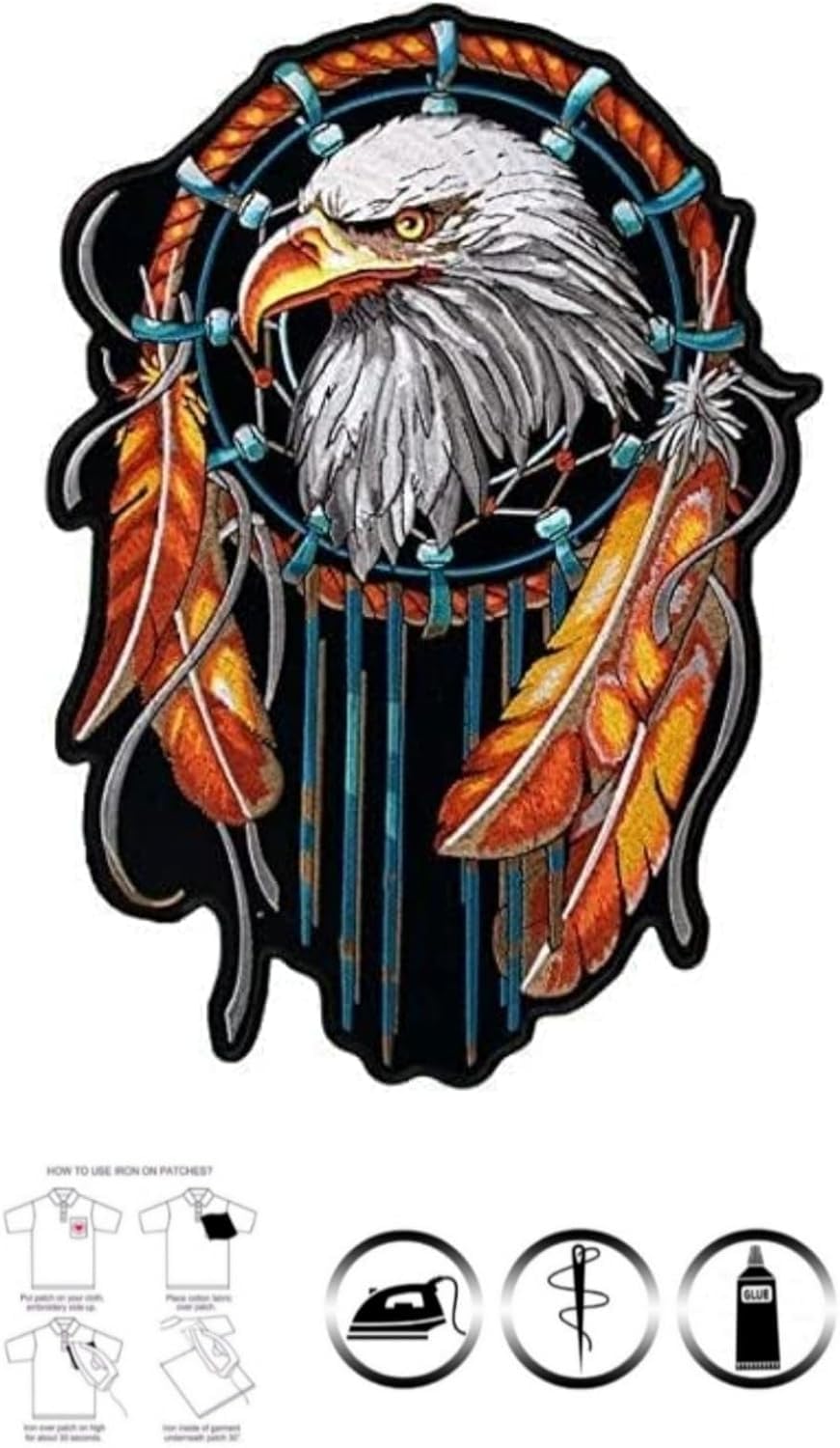 Patch biker, toppa Termoadesiva, Aquila Cattura Sogni Piuma Grande Formato per Motociclista da Ricamo su Pilot Motorcycle, per Gilet da Moto, Iron-On per Decorare il tuo Abbigliamento