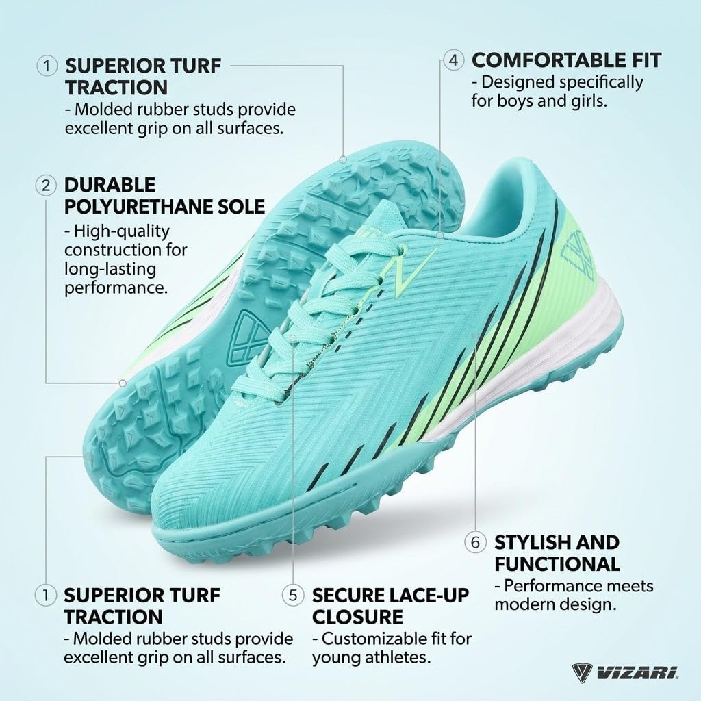 Vizari Tesoro Turf Soccer Shoes for Boys and Girls| Athletic Turf Shoes with Durable Synthetic Upper | Youth Football Turf Shoes with Molded Rubber Oursole | Superior Traction on Turf Ground