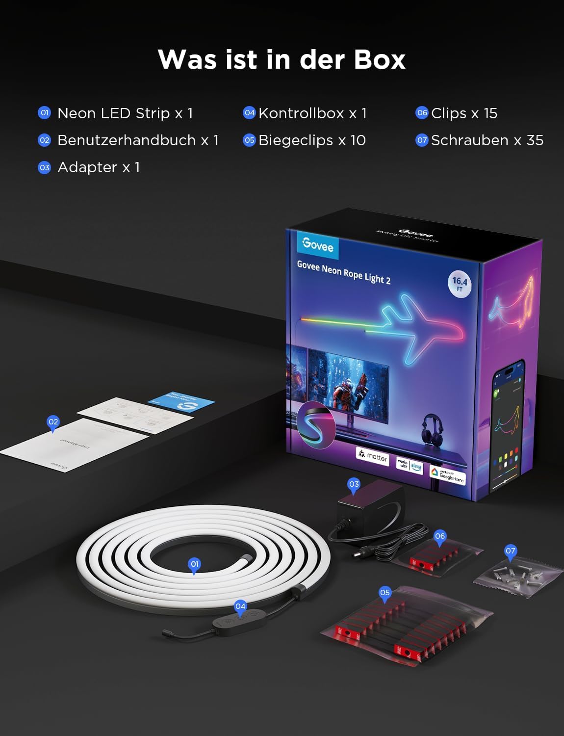 Govee Neon Rope Light 2, RGBIC Neon LED Strip 3m mit Form-Mapping | DIY Design, Kompatibel mit SmartThings, Matter, Alexa und Google Assistant, LED Streifen für Schlafzimmer Wanddekoration Weiß