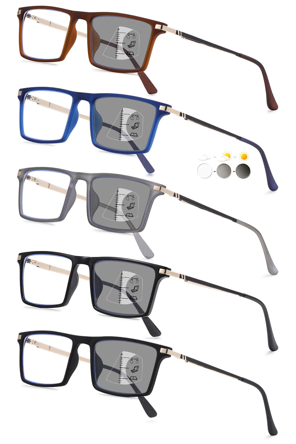 KOOSUFA Selbsttönende Gleitsicht Lesebrille Gleitsichtbrille Progressive Multifokus Blaulichtfilter Photochrome Herren Damen Federscharnier Leicht TR90-Rechteckrahmen mit UV-Schutz Sonnenlesebrille