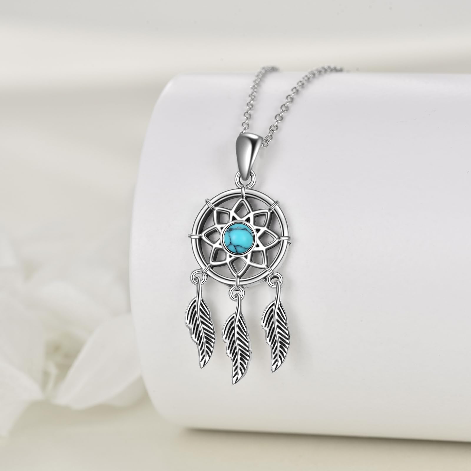 YFN Collana acchiappasogni, in argento Sterling 925, con piuma, acchiappasogni, ciondolo turchese, per donne, adolescenti e ragazze, 33*13mm, Argento sterling, Turchese sintetico