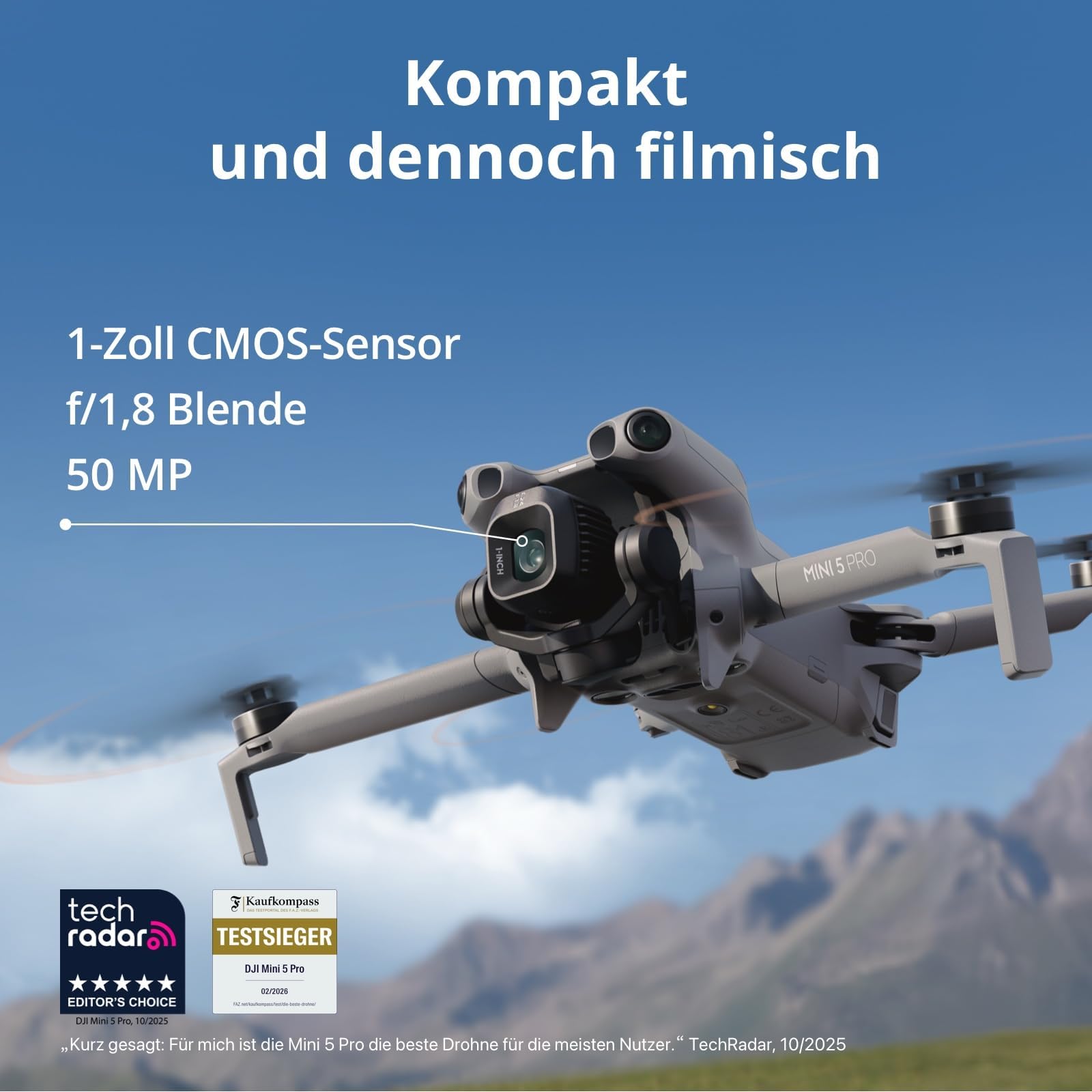 DJI Mini 5 Pro Fly More Combo Plus mit DJI RC 2, 4K Drohne mit Kamera, 1-Zoll CMOS, Hinderniserkennung, ActiveTrack 360°, 225°-Gimbal-Rotation, 3 Akku, C1 (Drohne)