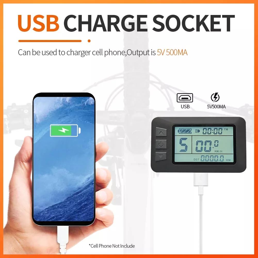KT-LCD7U - Medidor de pantalla LCD eléctrica de plástico con conector impermeable, puerto de carga USB de 24 V, 36 V, 48 V, para modificación de bicicleta eléctrica