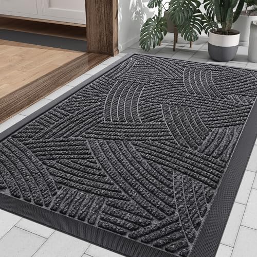 Image of Smiry Front Door Mat Outside Entrance, Heavy Duty Sturdy Natural Rubber Doormat, Trap Dirt and Moisture, Easy Clean Low Profile Mats for Indoor Outdoor Entry, Interwoven Stripes 29.5x17, Grey