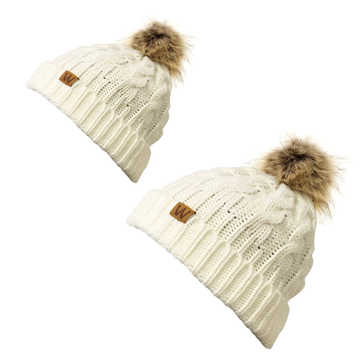 Wrapables® Winter Warm Cable Knit Faux Fur Pom Pom Beanie, Mommy & Me Set Cream