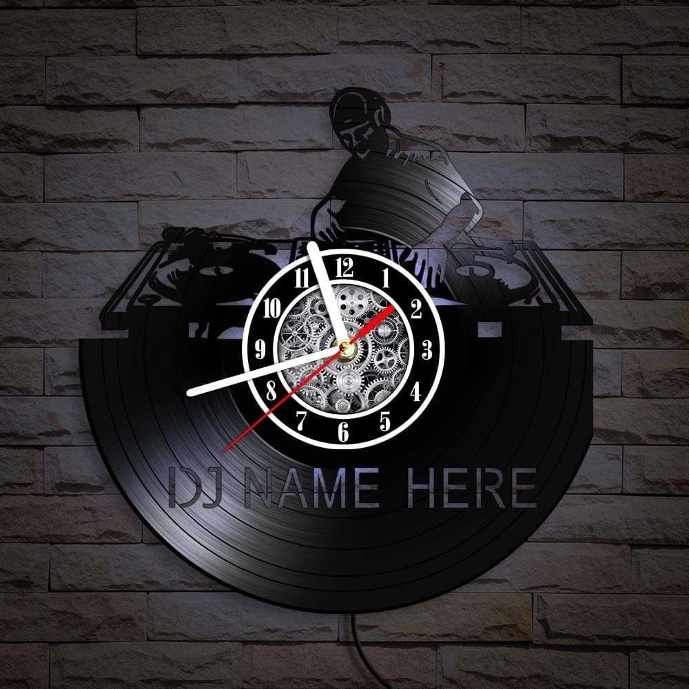 The Geeky Days DJ Name LED Night Light Vinyl LP Record Wall Clock Silent Quartz Custom Your Name Disc Jockey Carved Retro Album Wall Watch with USB 7 Color Changing Light 12inch Hanging Decor