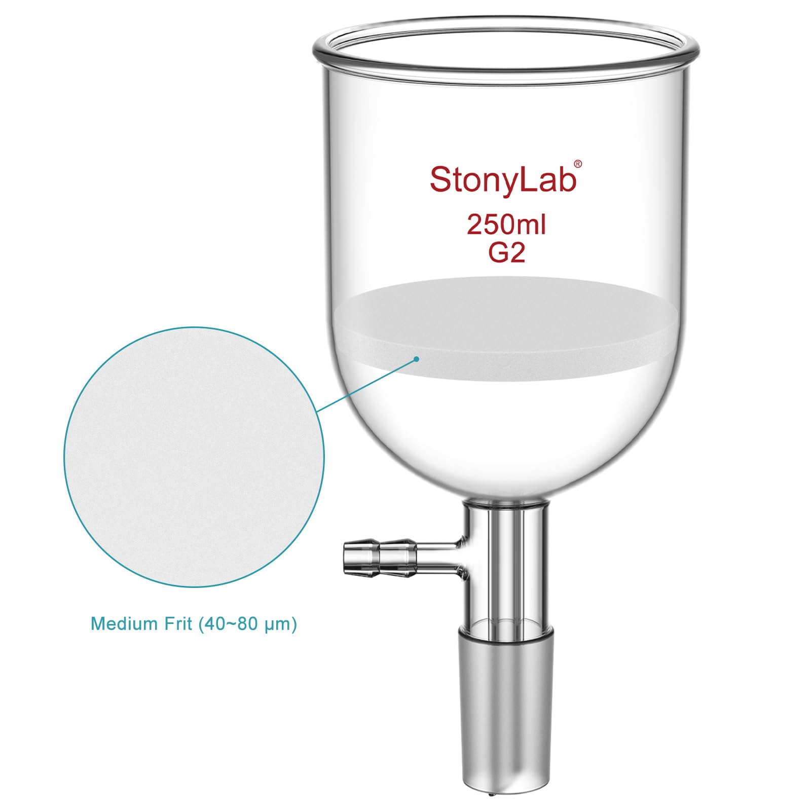 StonyLab Vetro borosilicato Imbuto Filtrante Buchner 250ml con Medium Frit (G2), Buchner Funnel con 76 mm di Diametro Interno, 80mm di Profondità, con Giunto 24/40 e Tubazione Seghettata Sotto Vuoto