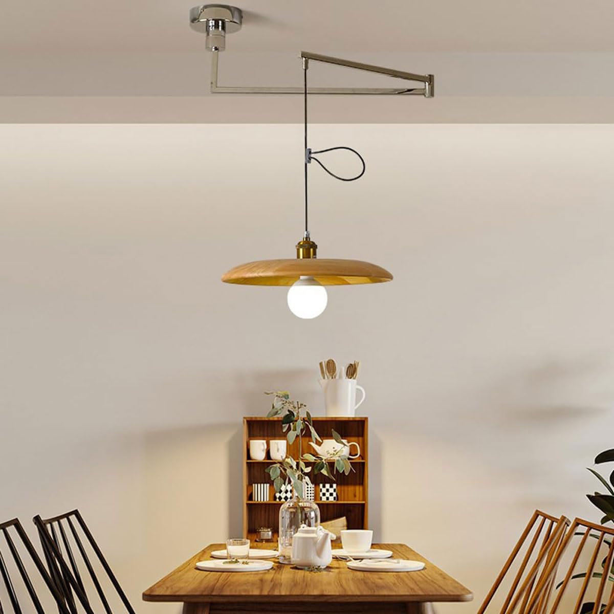 Nowoczesna regulowana drewniana lampa wisząca z połowy wieku - vintage przemysłowa lampa sufitowa z ramieniem obrotowym do jadalni kuchni wyspa restauracji żyrandol oświetlenie