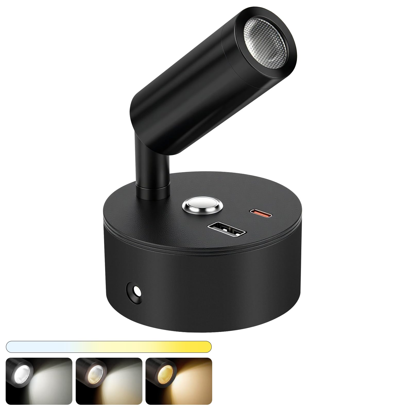 Luz de Lectura LED 12V, Camper Lámpara de Lectura LED con Interruptor Dimmer y Cargador USB&Type-C, Luz de Lectura Junto a la Cama de Pared Regulable para Autocaravana Furgo Barco, 3 Colores